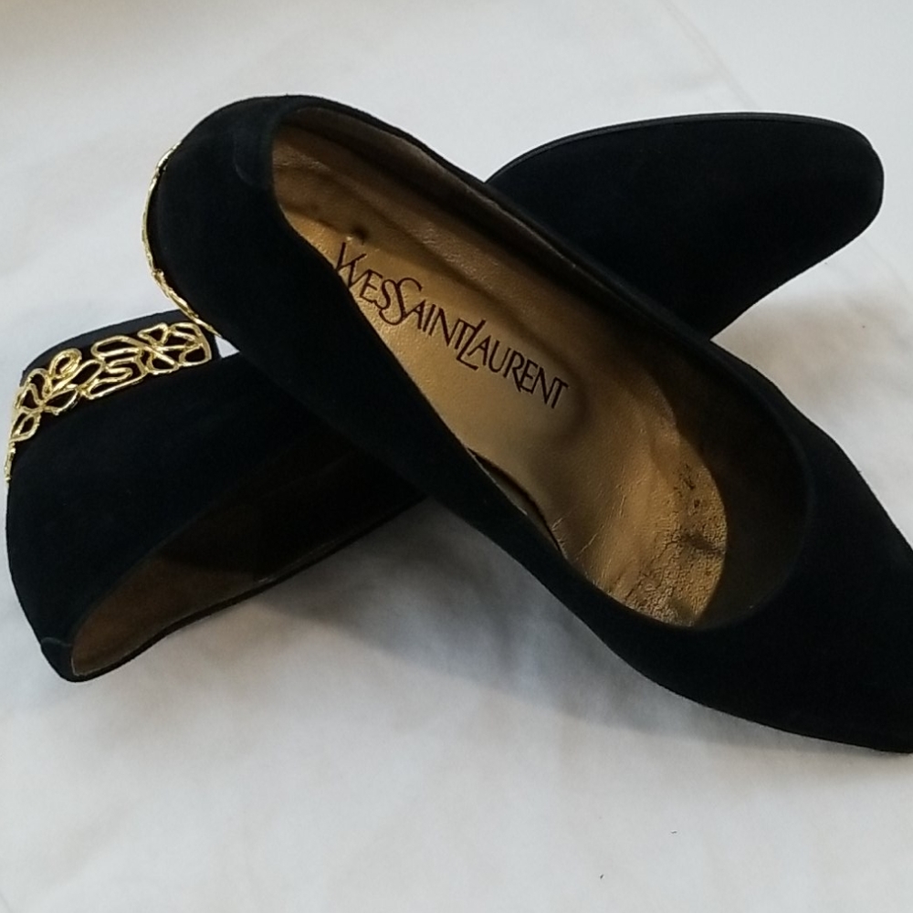 Yves Saint Laurent Designer Black Suede Gold Accents Low Heels Womens Shoes